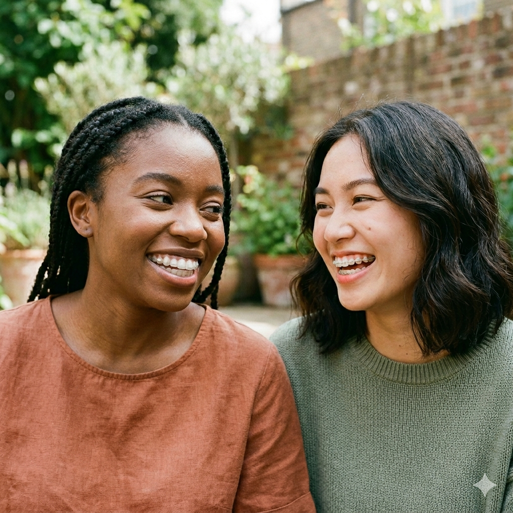 Two Smiling Women Comparing Clear Braces and Clear Aligner Trays Two happy women sitting outside in a garden, smiling at each other as one wears clear ceramic braces and the other wears a transparent clear aligner tray.
