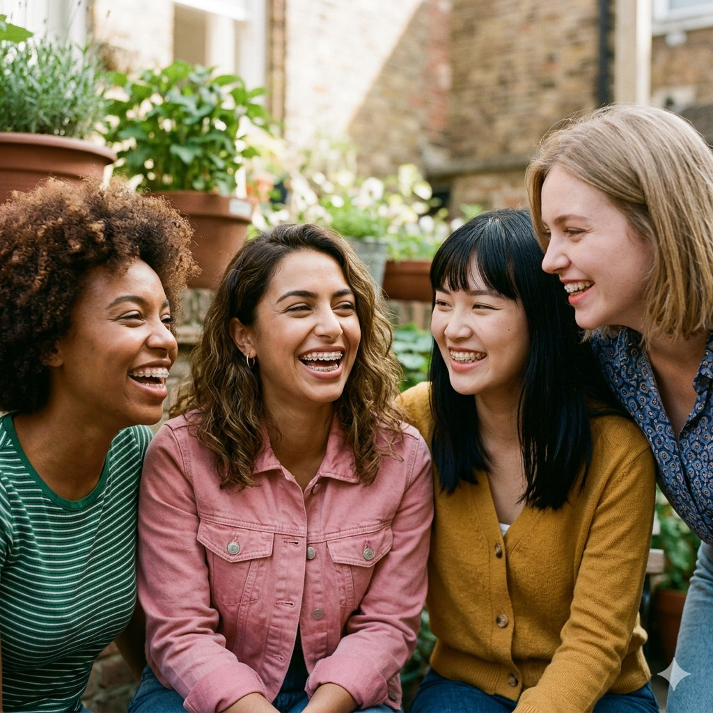 Group of Diverse Women Smiling with Braces A group of four diverse, happy women laughing and smiling together in an outdoor garden setting, clearly showing their dental braces.
